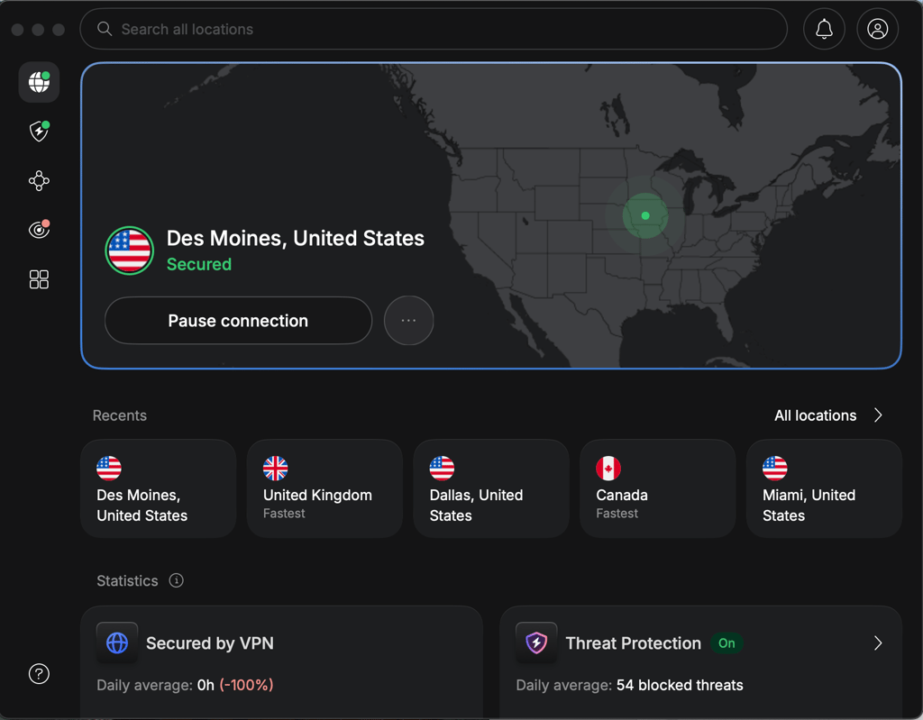 NordVPN connected to the Iowa server