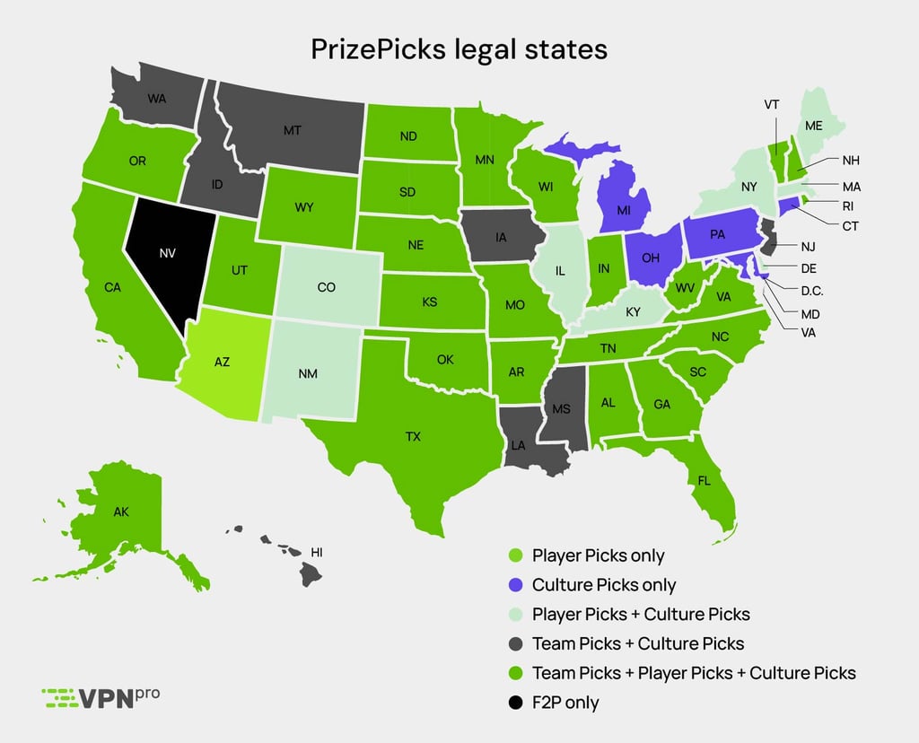 PrizePicks availability map by state showing Player, Team, Culture, and Free2Play access