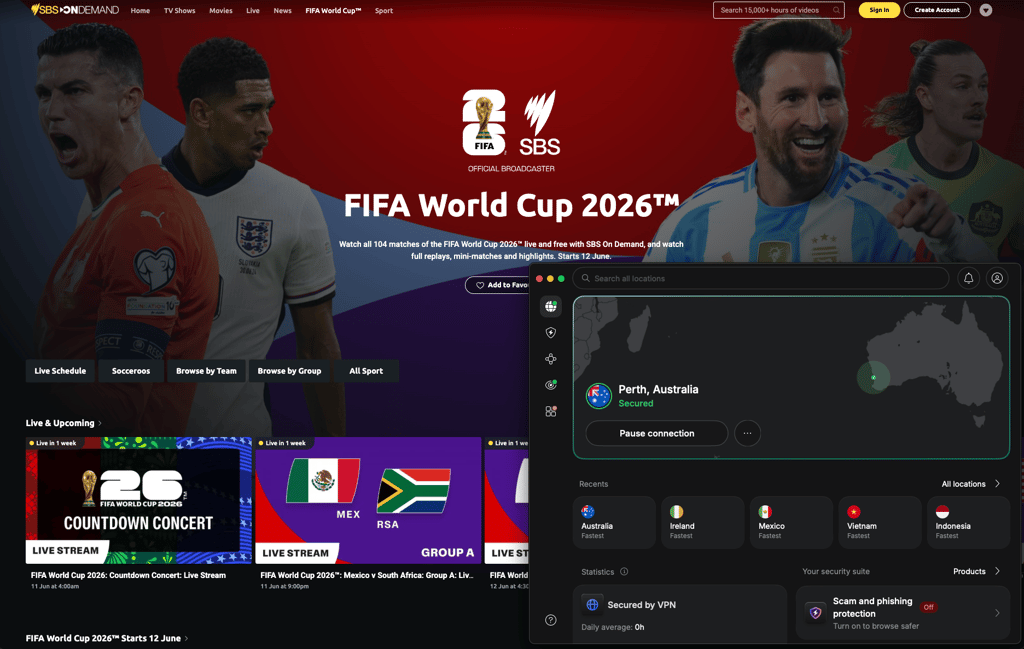 SBS On Demand World Cup 2026 free streaming page with NordVPN