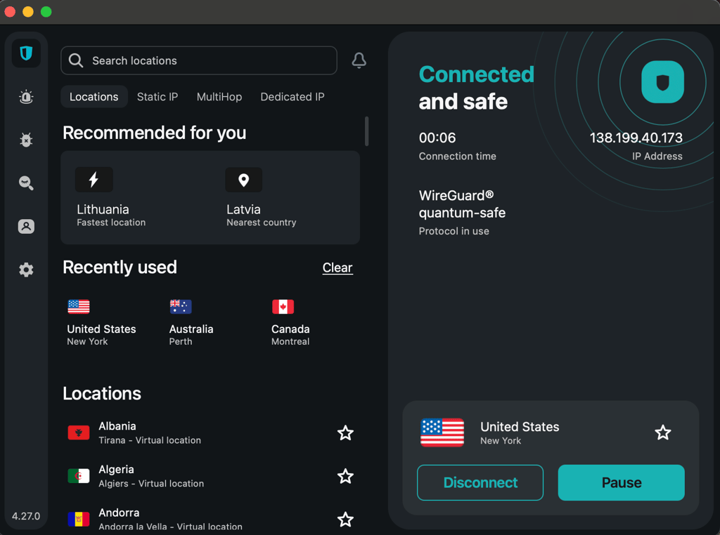 Surfshark connected to the New York server.