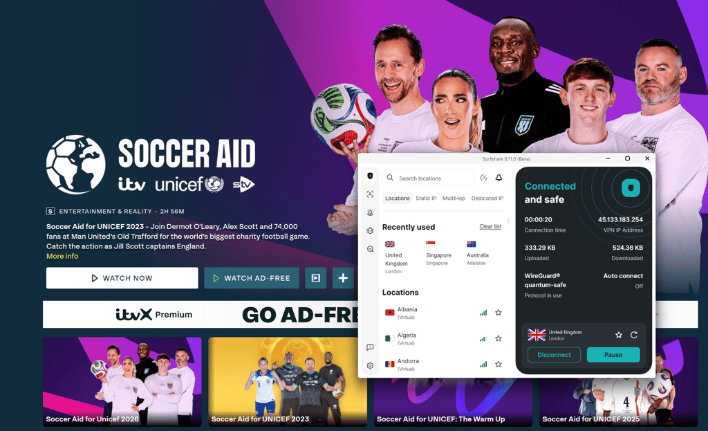 Surfshark unblocking ITVX in the UK from abroad