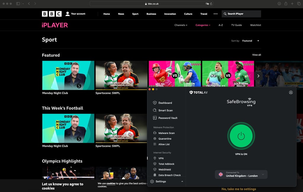 Using TotalVPN to unblock BBC iPlayer in the UK