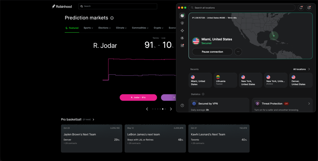 NordVPN unblocking Robinhood with a server in Miami