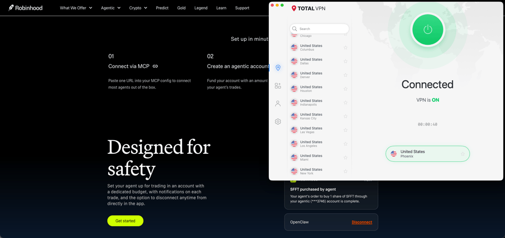 TotalVPN unblocking Robinhood