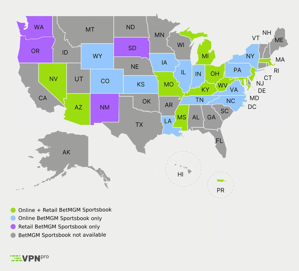 Map of US states where BetMGM Sportsbook is available