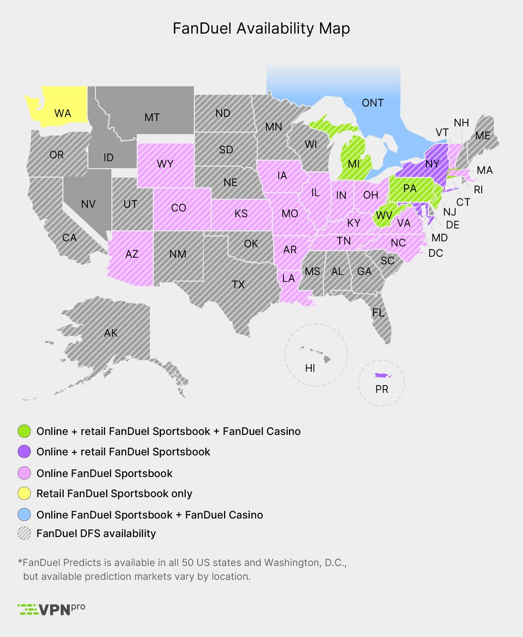 FanDuel availability map by state showing Sportsbook, Casino, and DFS access