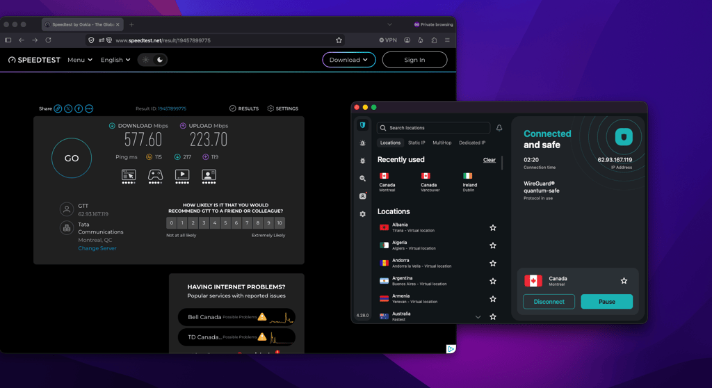 Surfshark Montreal server speed test