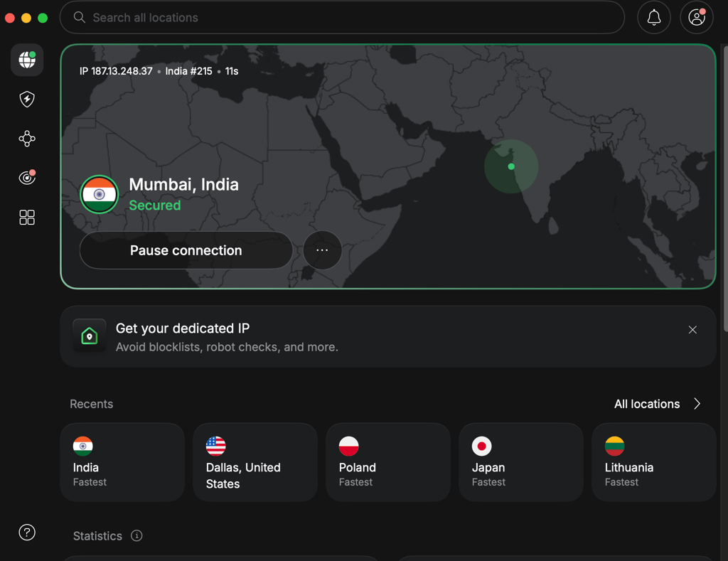 NordVPN connected to India to access JioHotstar