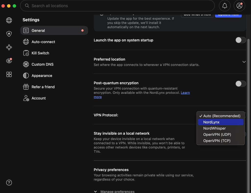 NordVPN tunneling protocol choices