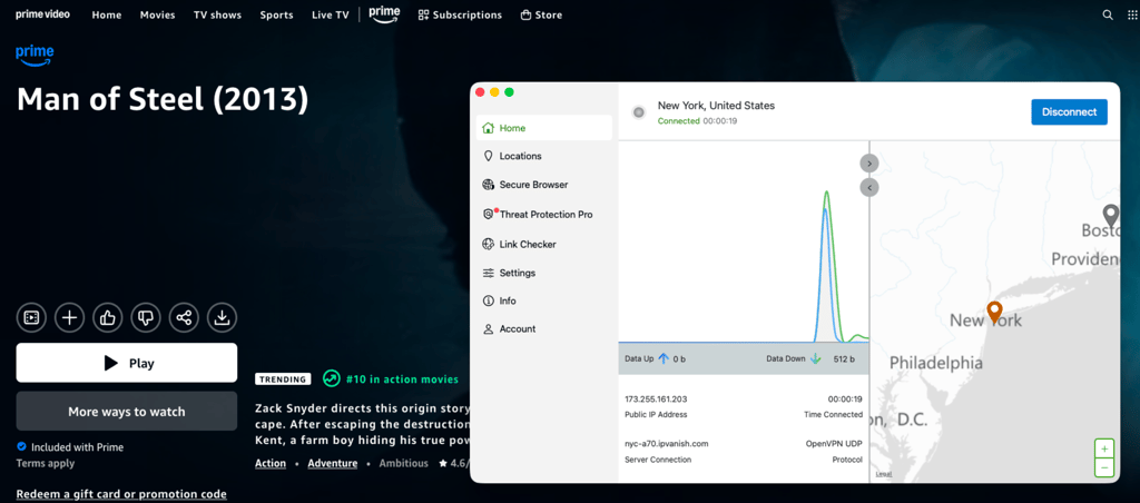Amazon Prime Video US unblocked with IPVanish on macOS