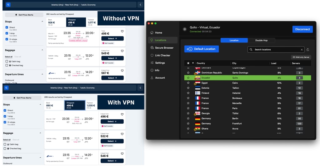 Flight price difference with and without IPVanish