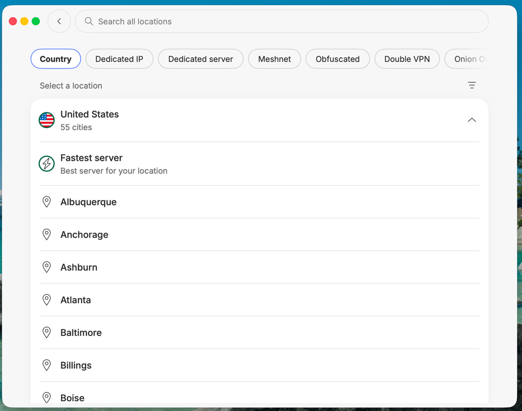 NordVPN's US servers on macOS