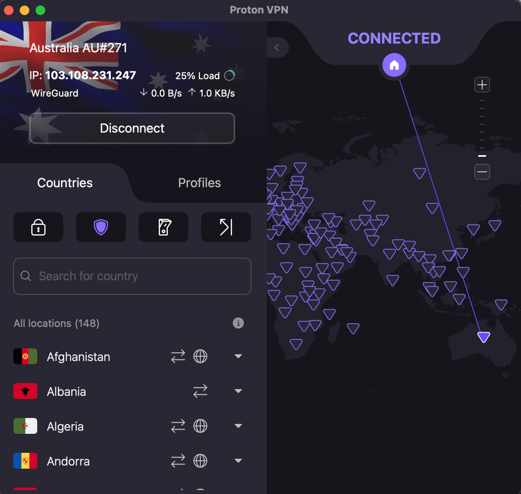 Proton VPN connected to Australia