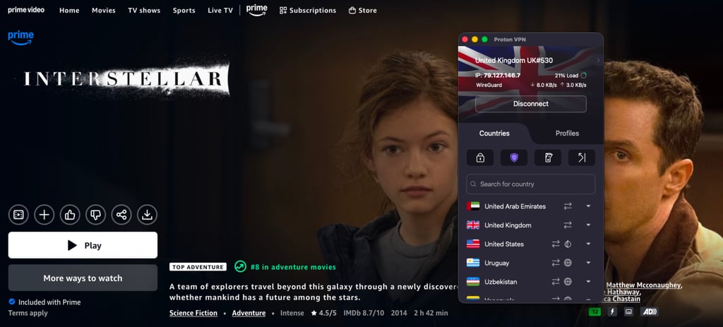 Amazon Prime Video UK unlocked with Proton VPN on macOS