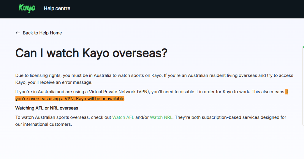 Information on watching Kayo overseas on the official Kayo Sports Help Center page