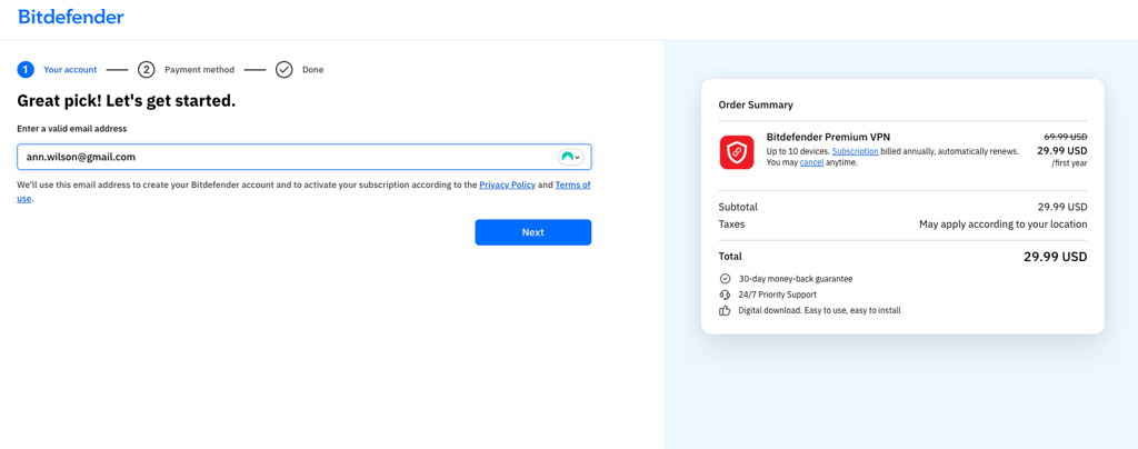 Bitdefender VPN Black Friday checkout