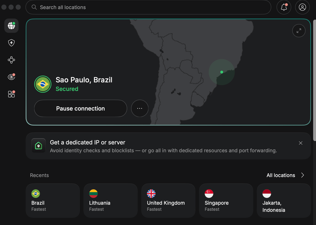 NordVPN connected to Brazil to access CazeTV