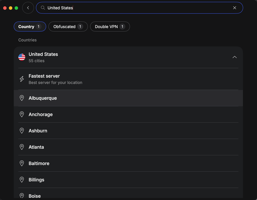 NordVPN app showing available US server locations