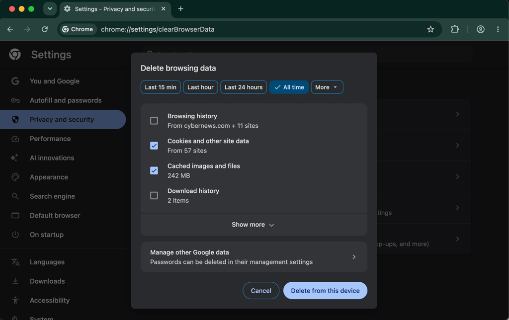 Clearing website data on Chrome for Prime Video VPN errors