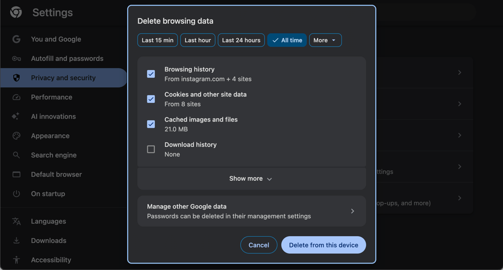 Browser settings for clearing cookies and cached images