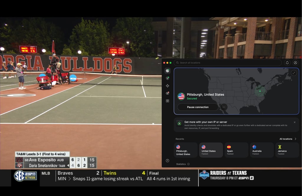 ESPN live stream with NordVPN connected to a US server