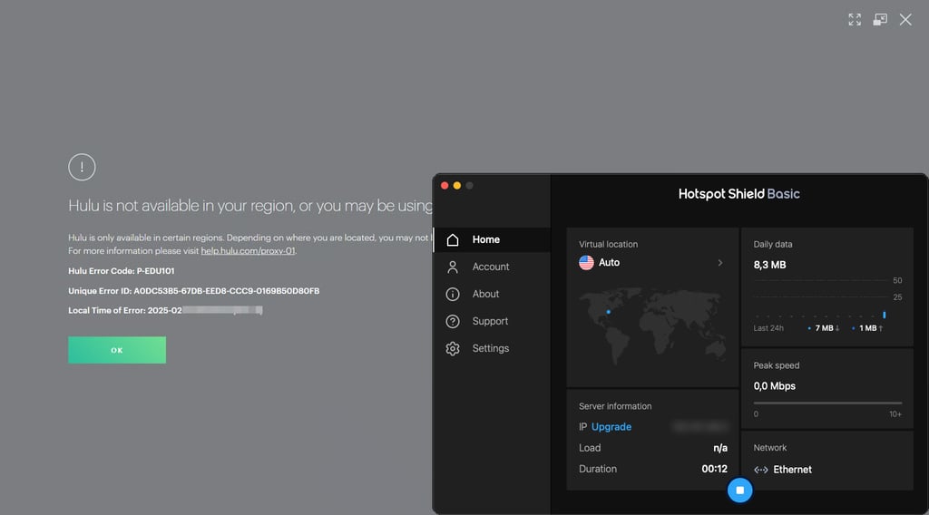 Hulu P-EDU101 proxy error shown while connected to a VPN