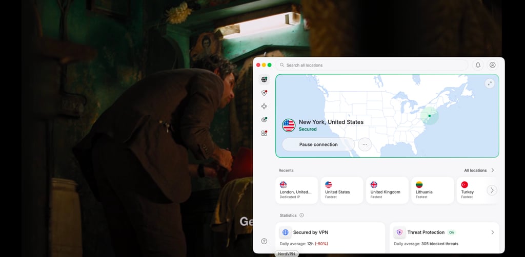 Hulu streaming with NordVPN connected to a US server