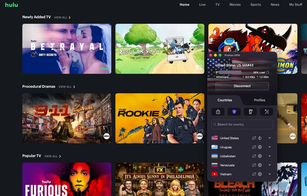 Hulu unblocked with Proton VPN US server