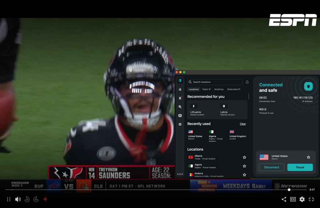 Surfshark connected to Detroit for ESPN access