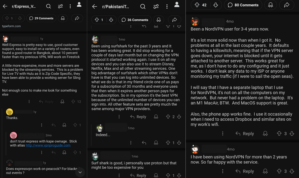 NordVPN vs Shurfshark vs ExpressVPN Reddit ratings