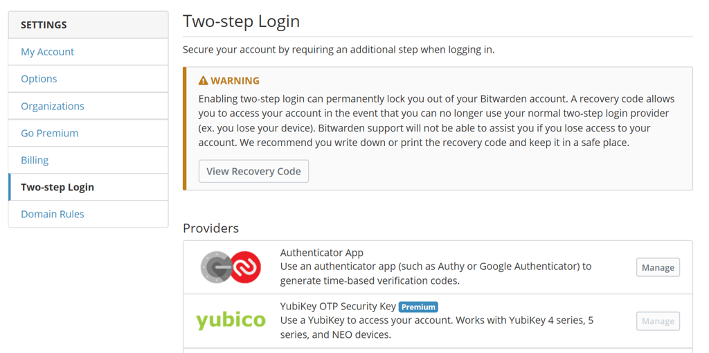 bitwarden two-step login