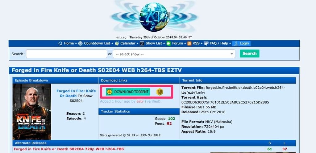 EZTVs Torrent-Download-Seite