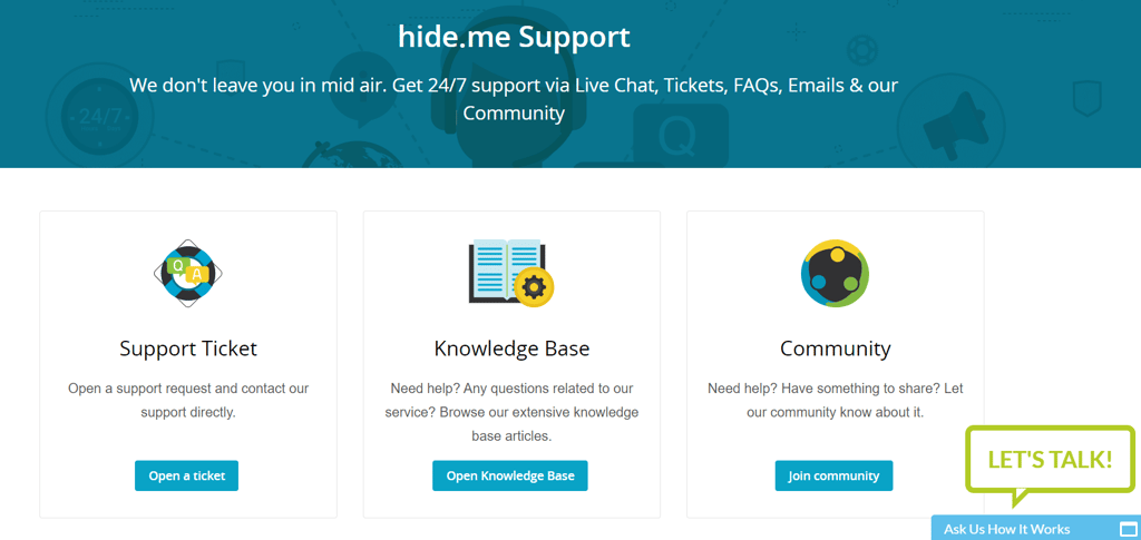 Hide.me customer support options screenshot
