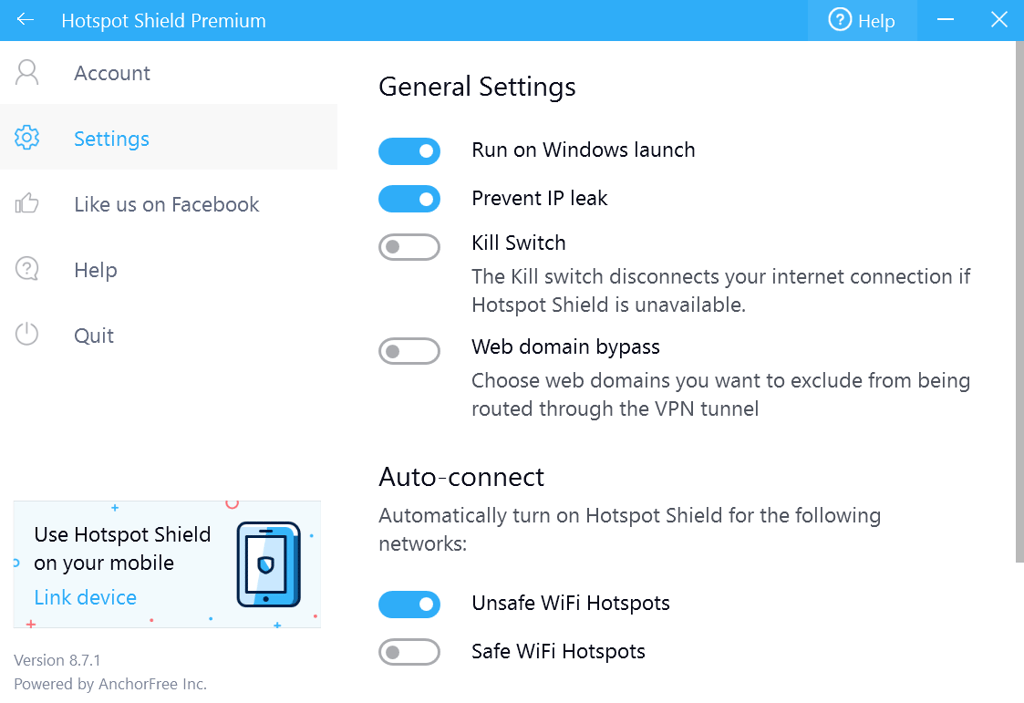 Hotspot Shield Premium fenêtre de réglages