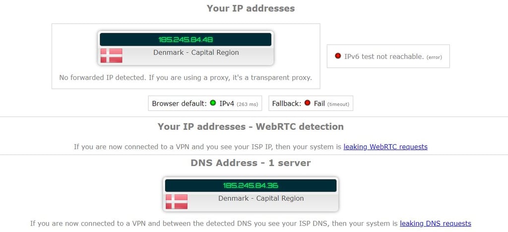 IPVanish IP-Leck-Screenshot