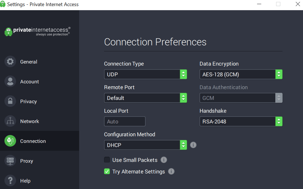 PIA preferences de connexion