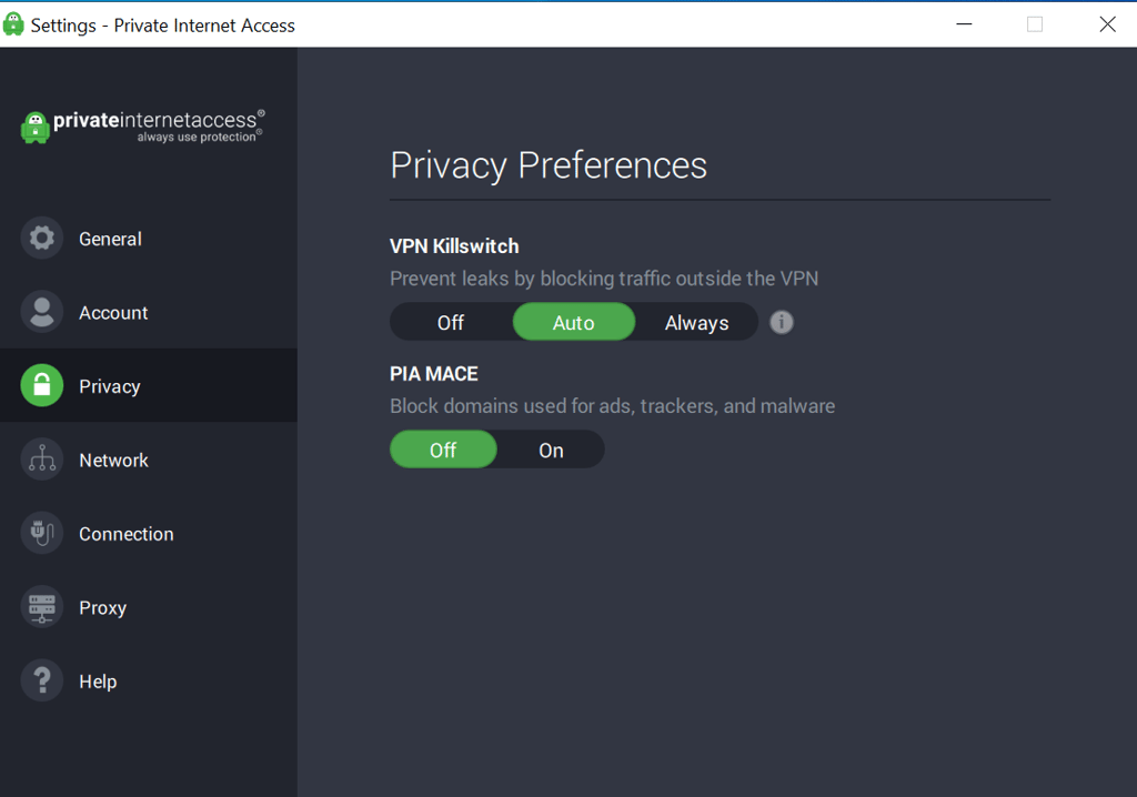 PIA preferences
