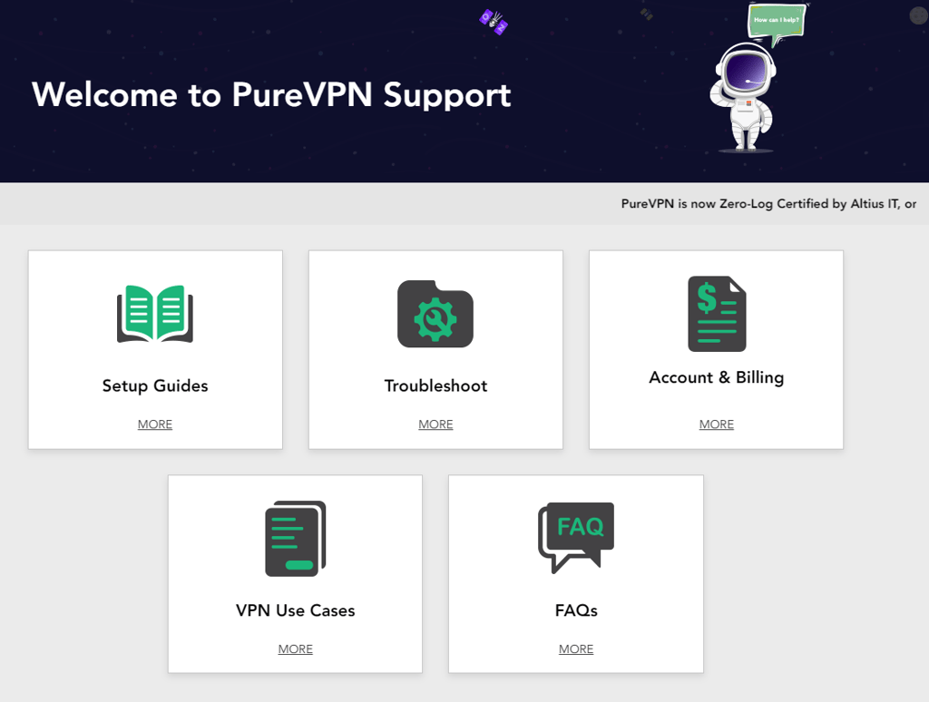 PureVPN options d'assistance