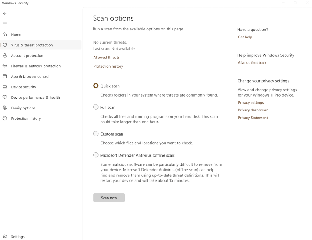 Microsoft Defender scan options