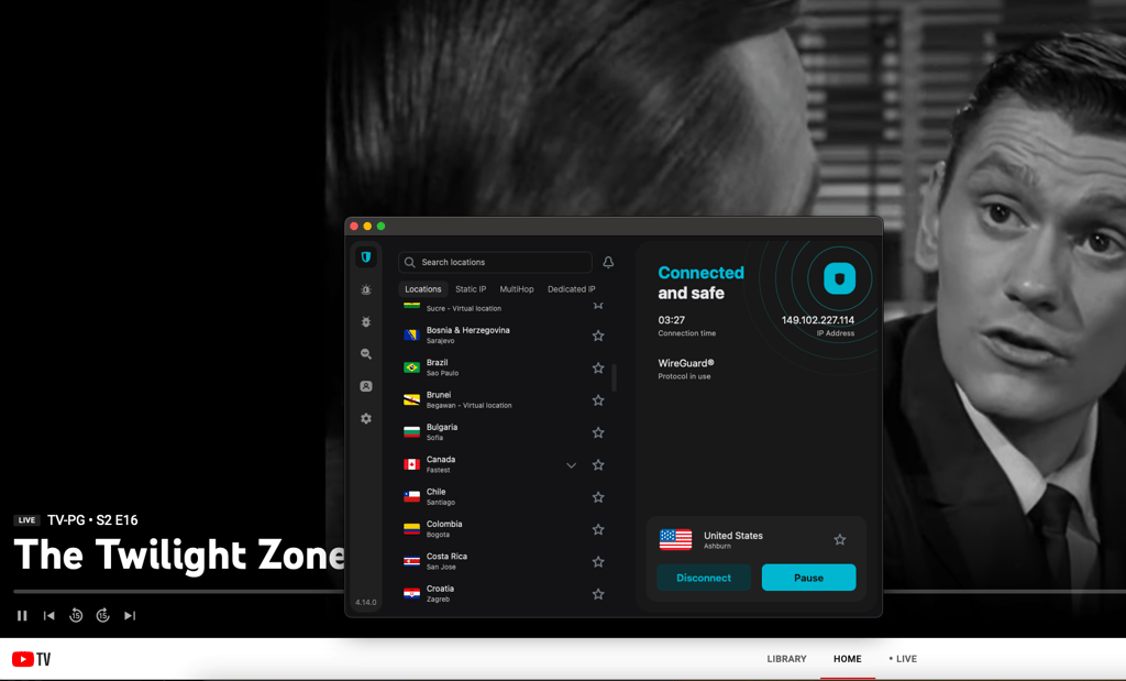 YouTube TV accessed with Surfshark in Mexico