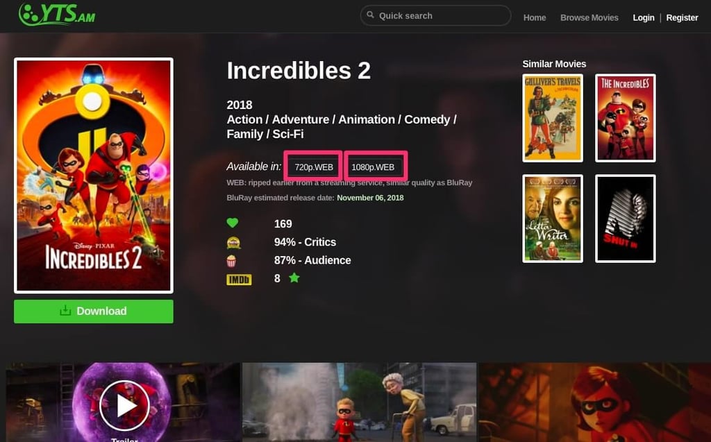 YTS (YIFY) Torrent-Download-Optionen