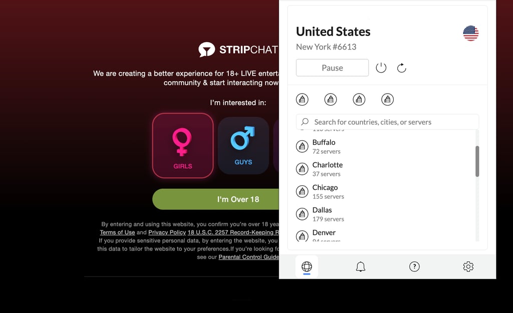 Connect to the US server with no Stripchat age verification