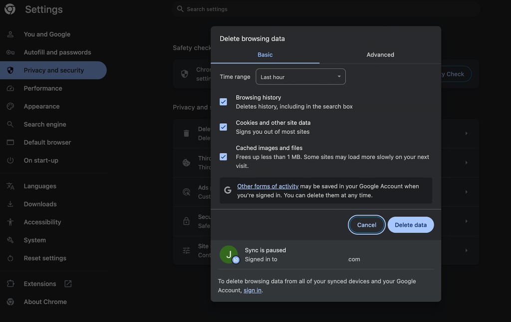 Clear cookies and cache from Google Chrome