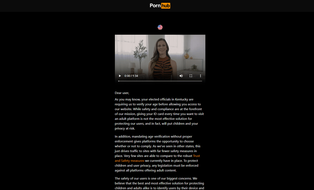 PornHub ban in Kentucky notification