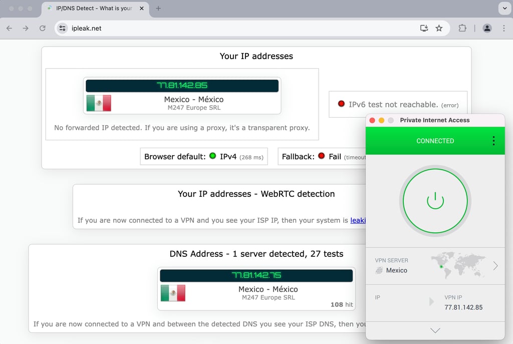 PIA VPN DNS leak results