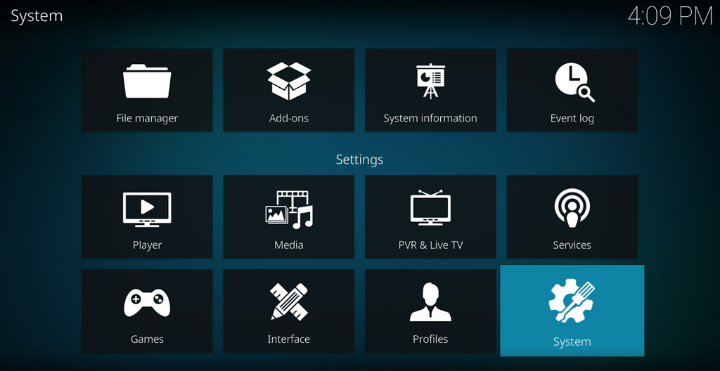 navigate to kodi system