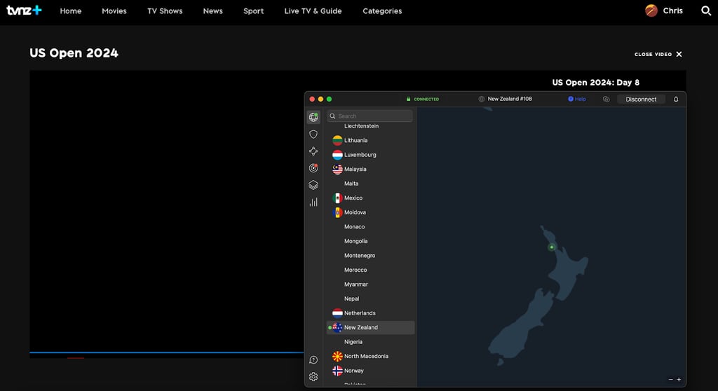 Image shows NordVPN unblocking TVNZ from the United Kingdom