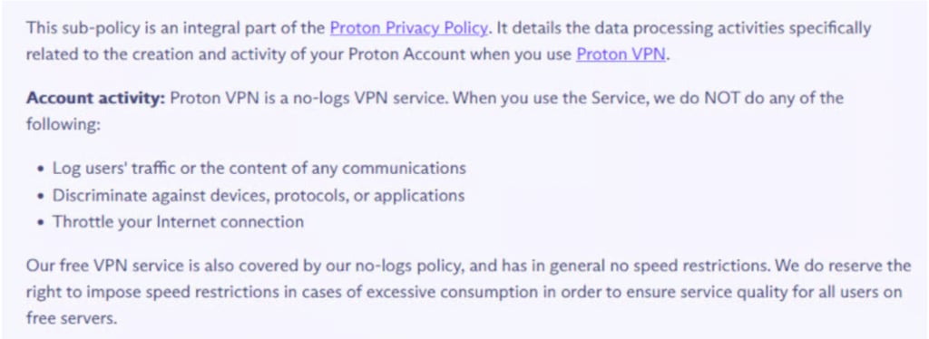 proton vpn no logs policy