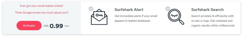 Surfshark price for extra features - Alert and Search