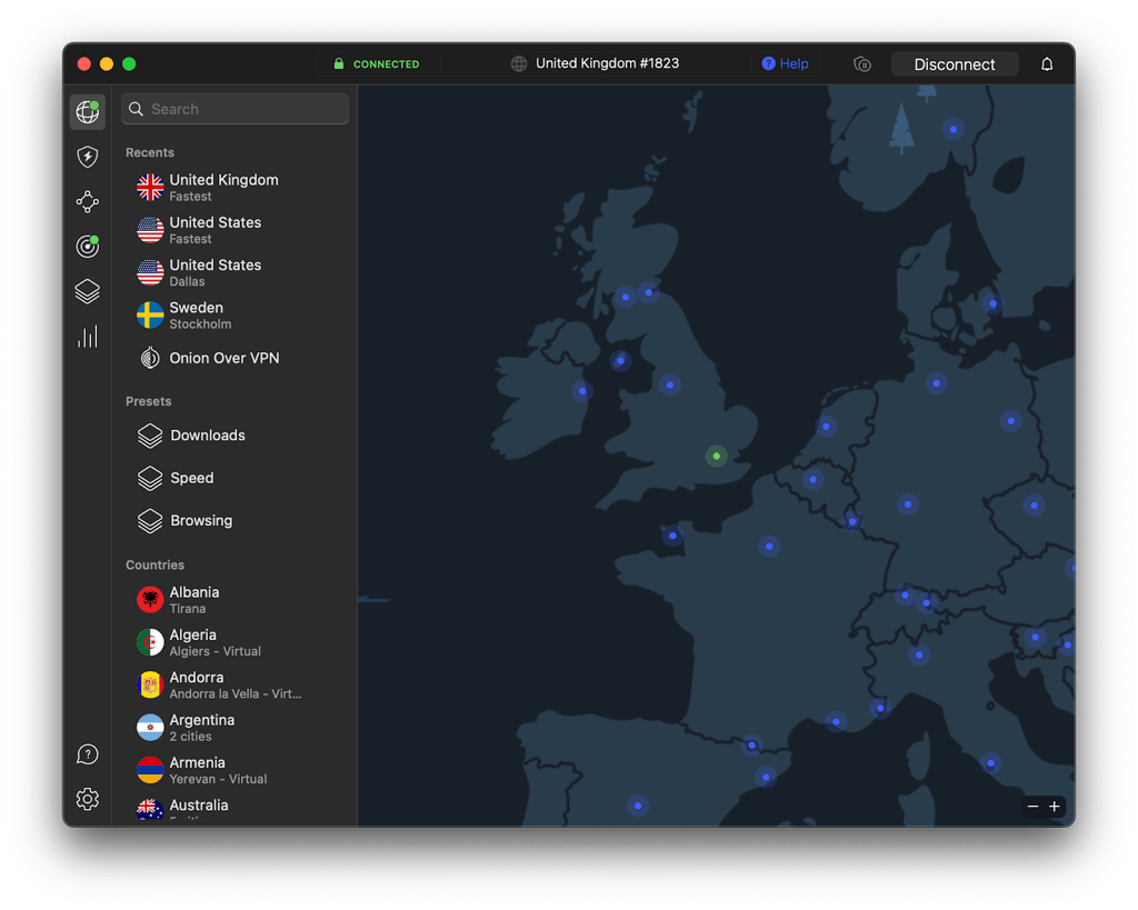 the interface of nordvpn desktop app